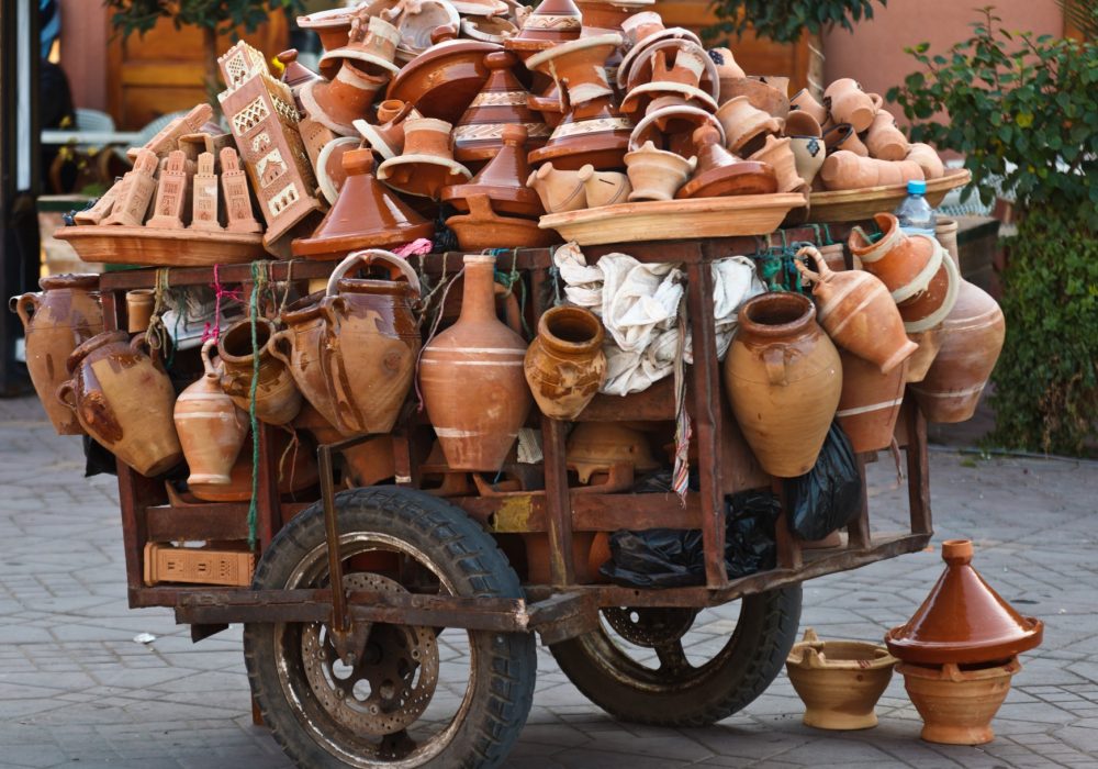 Pushcart,Loaded,With,Clay,Wares,Pottery,Goods,In,The,Marrakesh